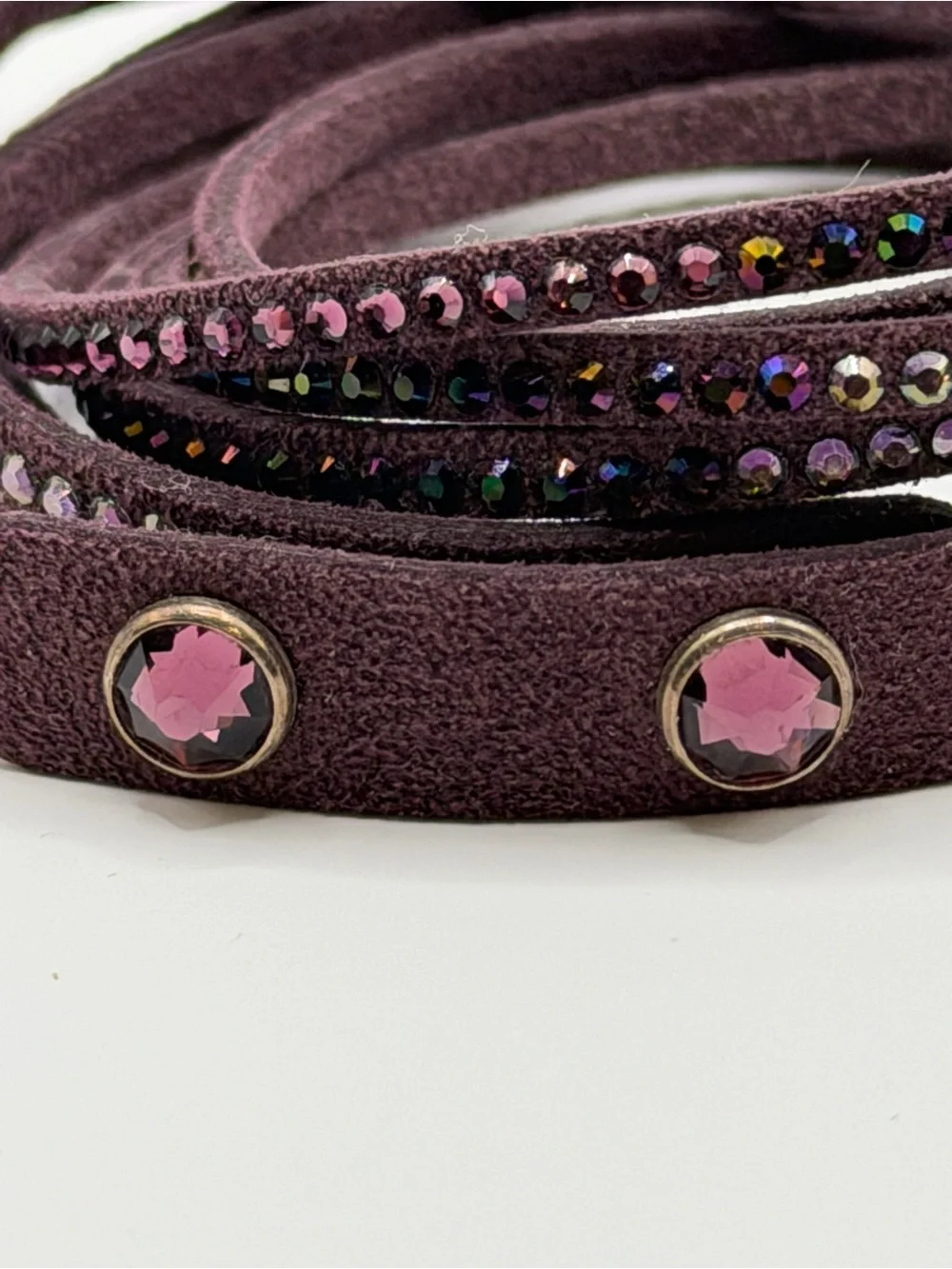 Plum Vegan Suede Wrap Star Bracelet with Pink Crystal Accents